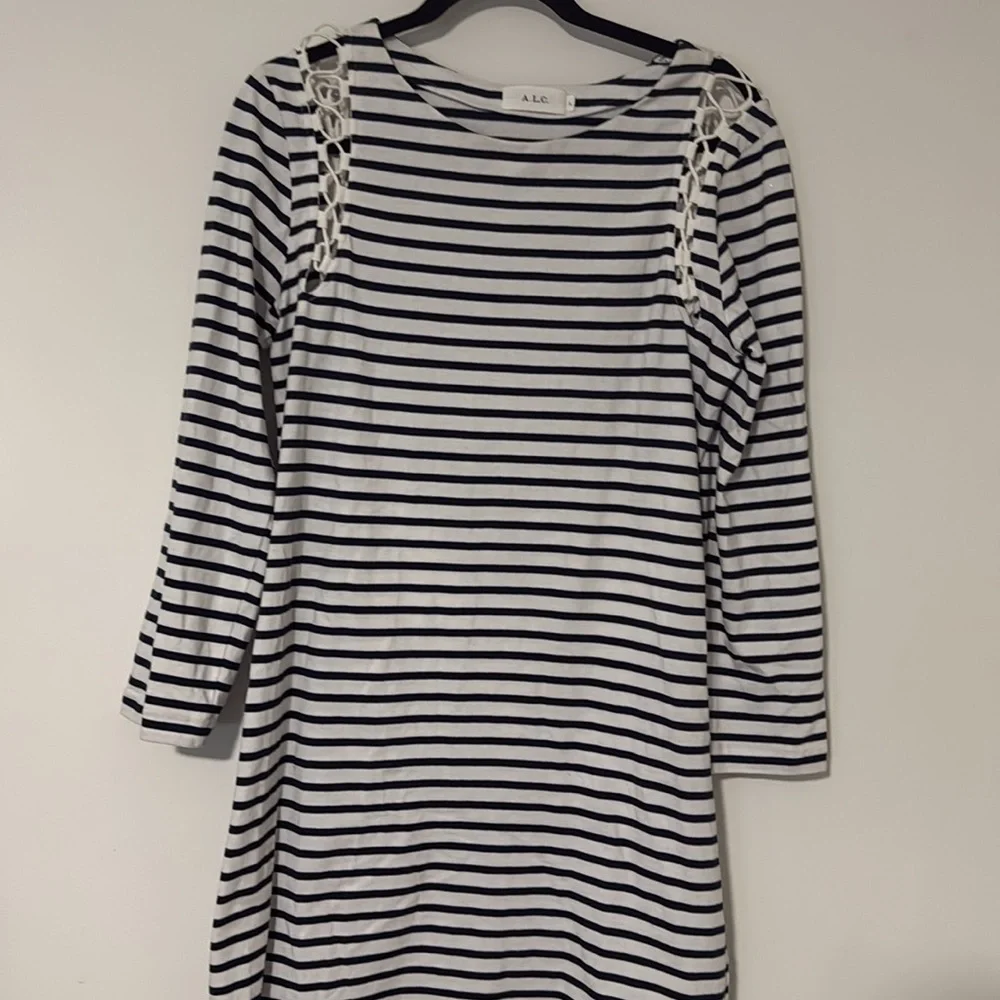 A.L.C. Navy Blue White Long Sleeve Chapman Striped Cotton Mini Dress Size Medium - Picture 2 of 5